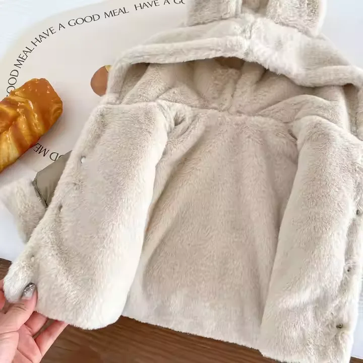 Kids' Fleece-Lined Bear-Ear Hooded Jacket — Khaki — Khaki, fleece lining, open view