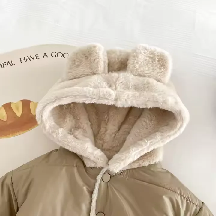 Kids' Fleece-Lined Bear-Ear Hooded Jacket — Khaki — Bear-ear hood, close-up