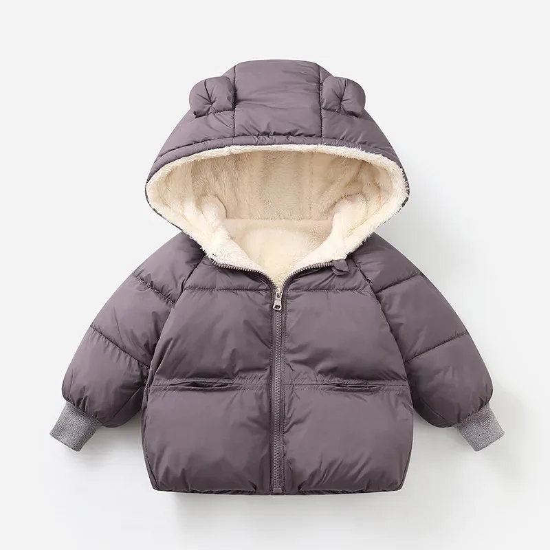 Kids' Fleece-Lined Bear-Ear Hooded Jacket — Taupe Grey, front