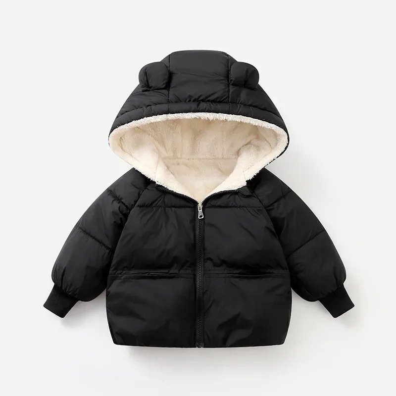 Kids' Fleece-Lined Bear-Ear Hooded Jacket — Black, front