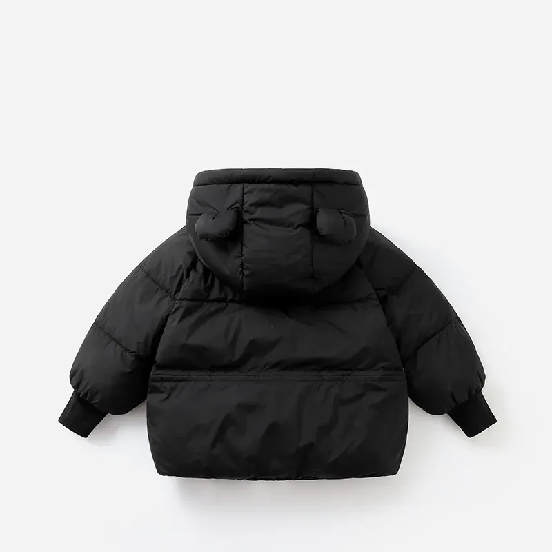 Kids' Fleece-Lined Bear-Ear Hooded Jacket — Black, back