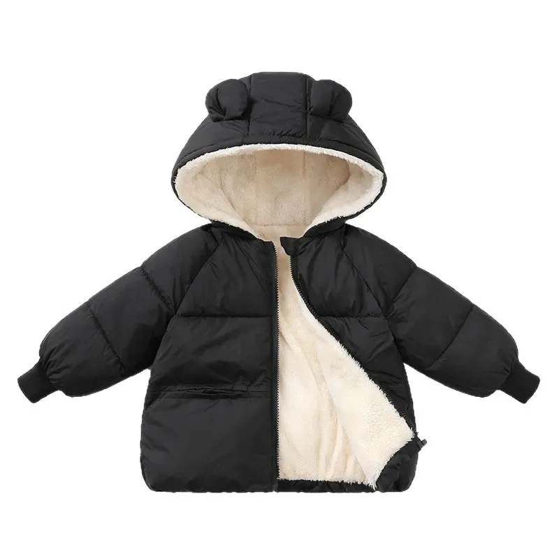 Kids' Fleece-Lined Bear-Ear Hooded Jacket — Black, open, showing the fleece lining