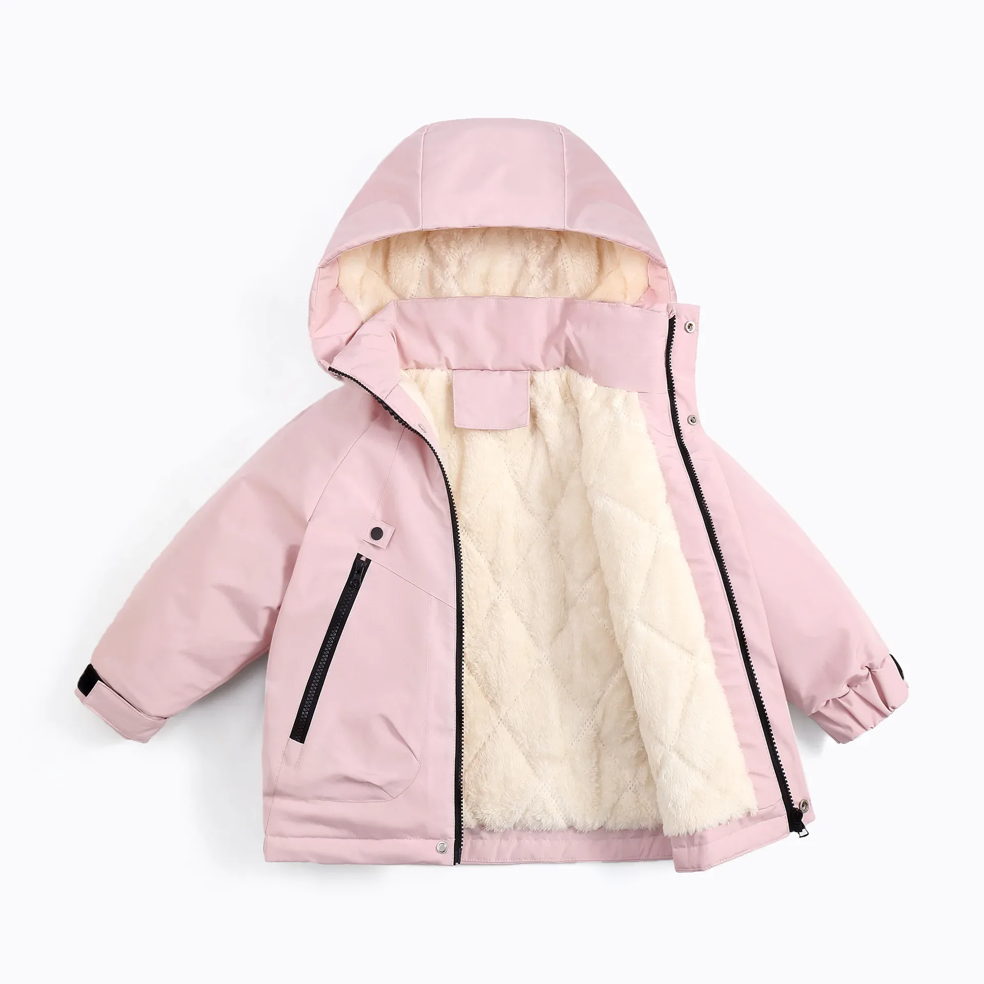 Kids' Fleece-Lined Hardshell Jacket — Pink, open, showing the fleece lining