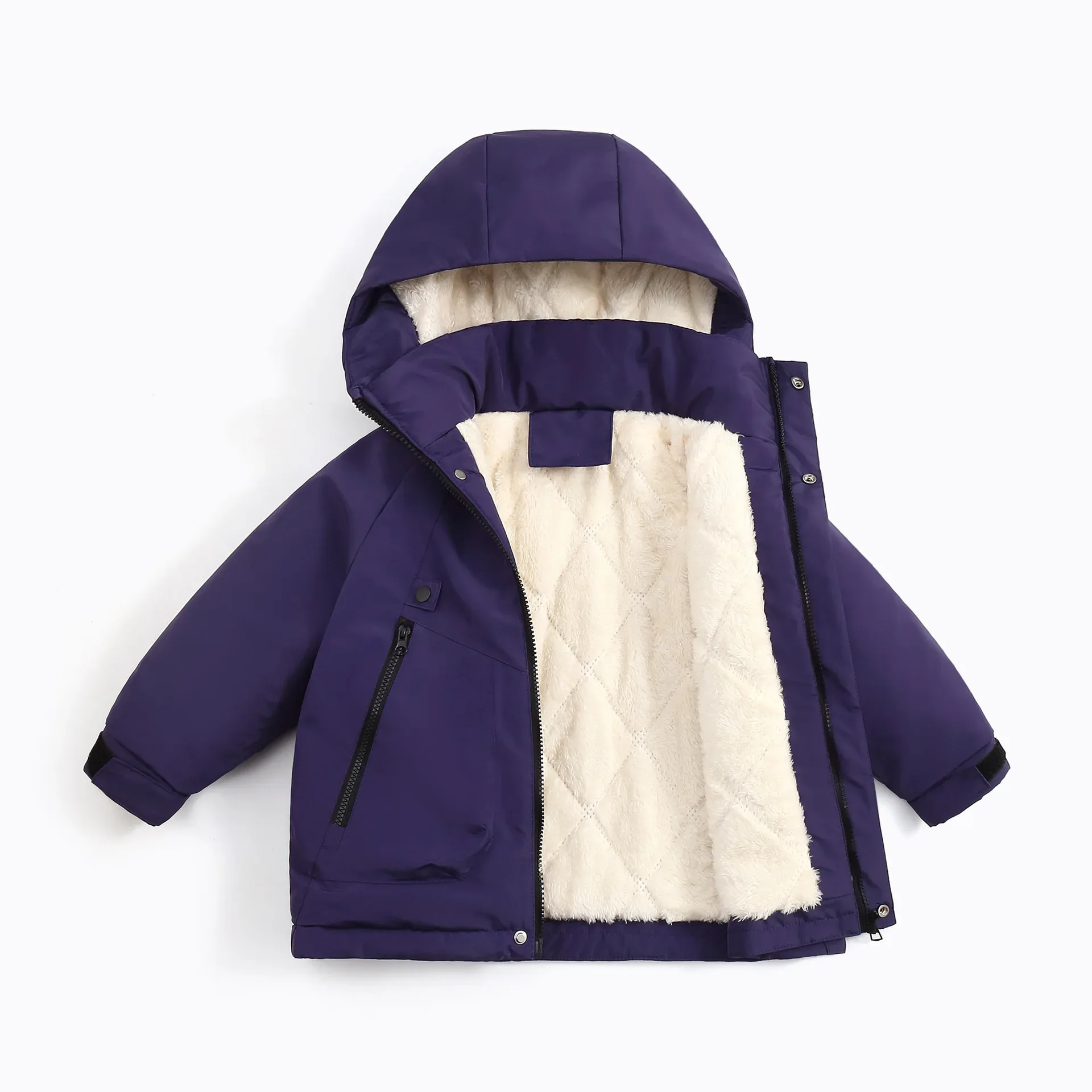 Kids' Fleece-Lined Hardshell Jacket — Deep Purple, open, showing the fleece lining
