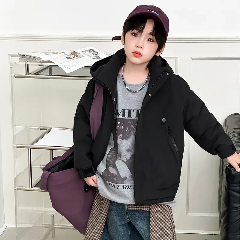 Kids' Fleece-Lined Hardshell Jacket — Charcoal Black, worn front