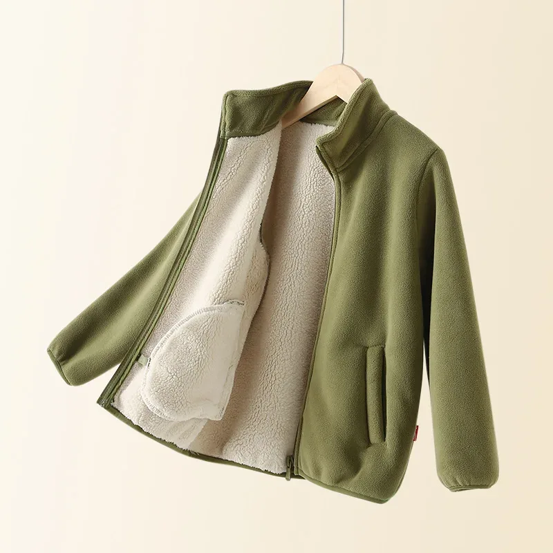 Kids' Fleece-Lined Zip Jacket — 8 Colourways — Green, open front view
