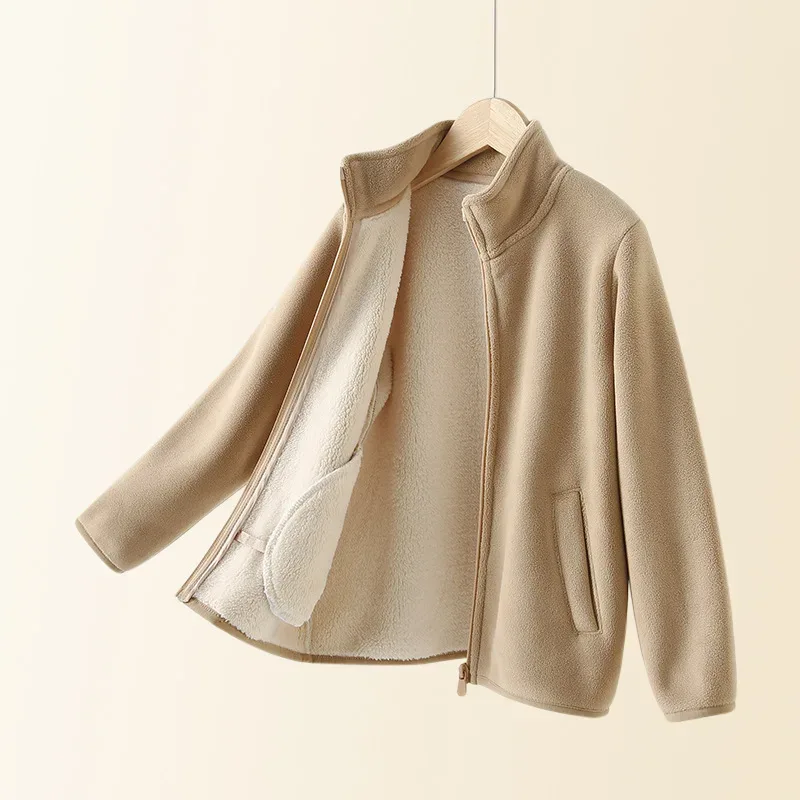 Kids' Fleece-Lined Zip Jacket — 8 Colourways — Khaki, open front view