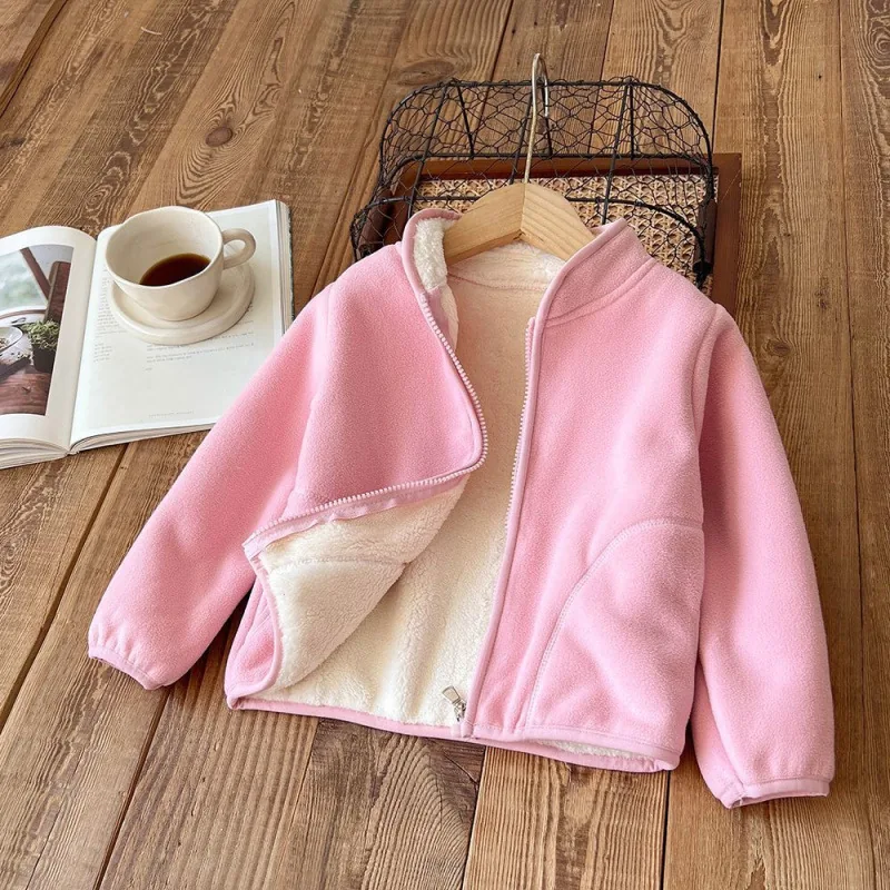 Kids' Fleece-Lined Zip Jacket — 4 Colourways — Pink, open front view
