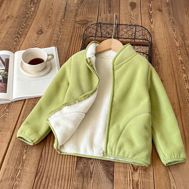 Kids' Fleece-Lined Zip Jacket — 4 Colourways — Green, open front view