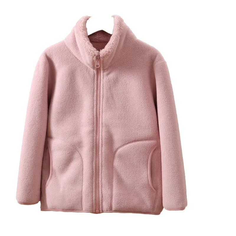 Kids' Fleece Trench Coat — Soft Powder, studio front