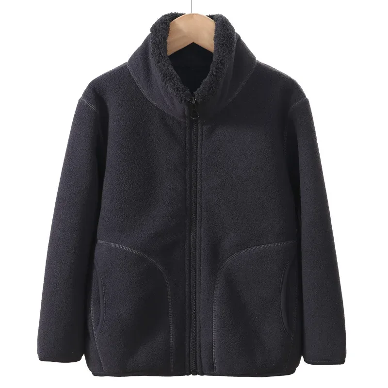 Kids' Fleece Trench Coat — Dark Gray, front