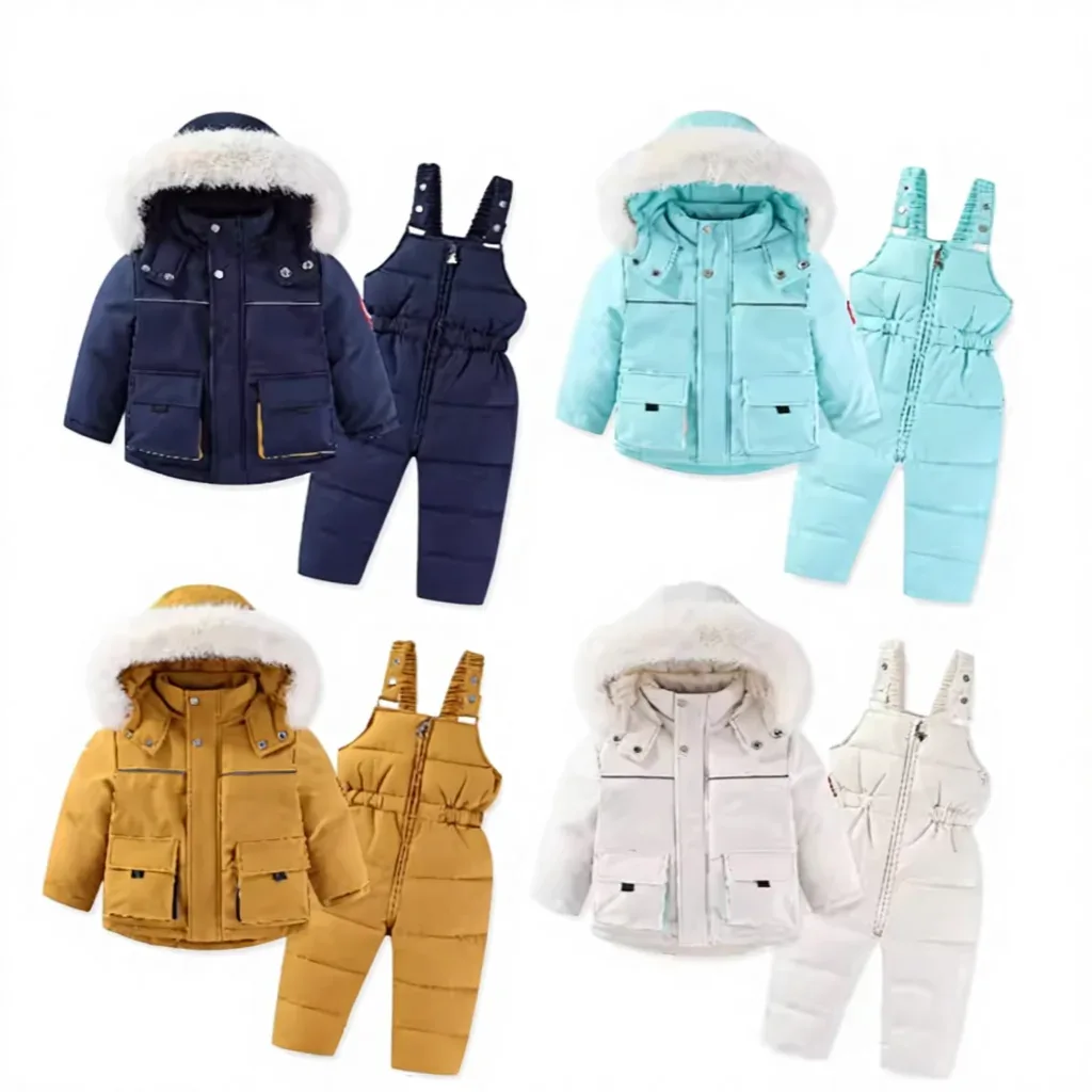 Kids' Fur-Collar Jacket & Bib Pants Set — All four colourways, group shot