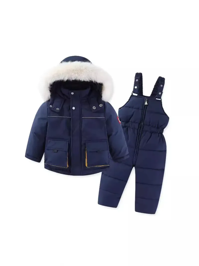 Kids' Fur-Collar Jacket & Bib Pants Set — Navy Blue, full set