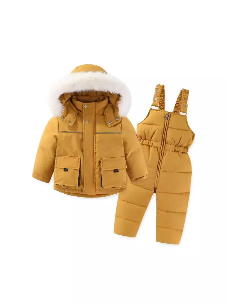 Kids' Fur-Collar Jacket & Bib Pants Set — Ginger, full set