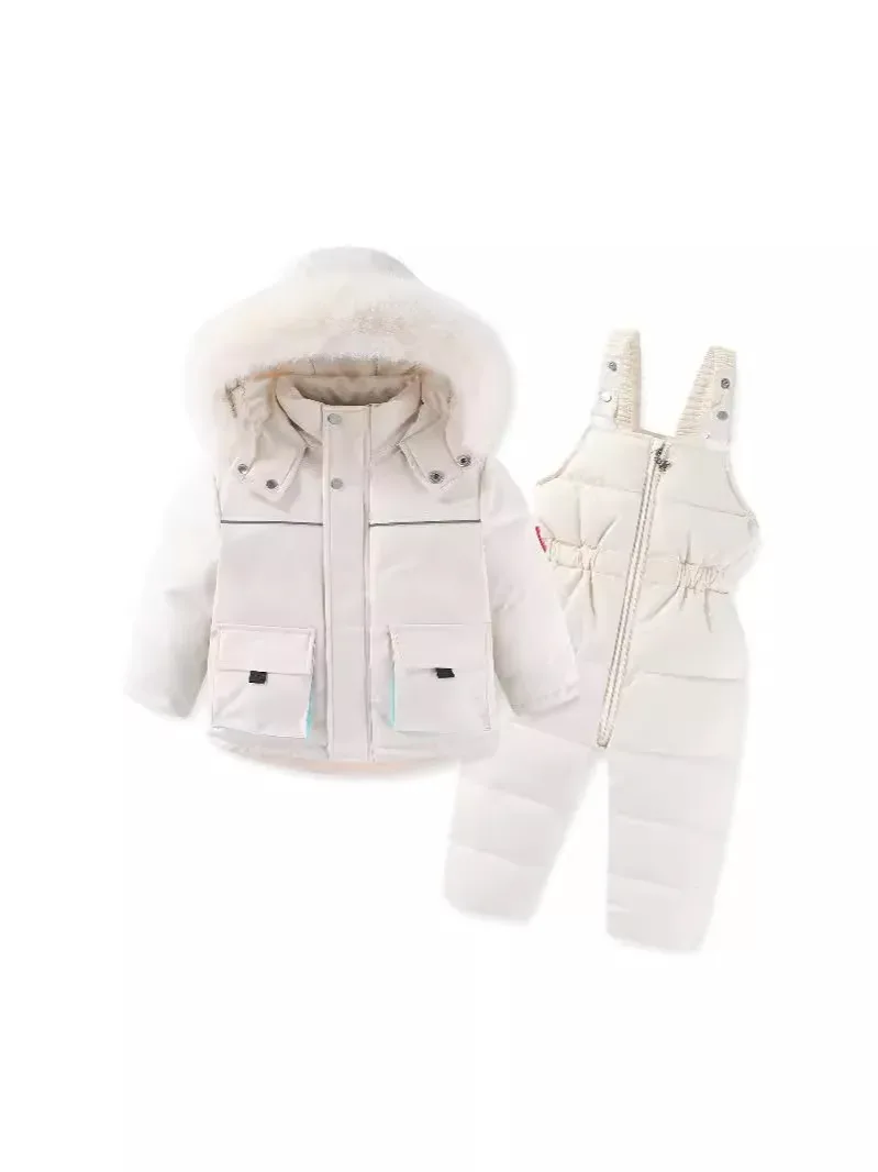 Kids' Fur-Collar Jacket & Bib Pants Set — White, full set