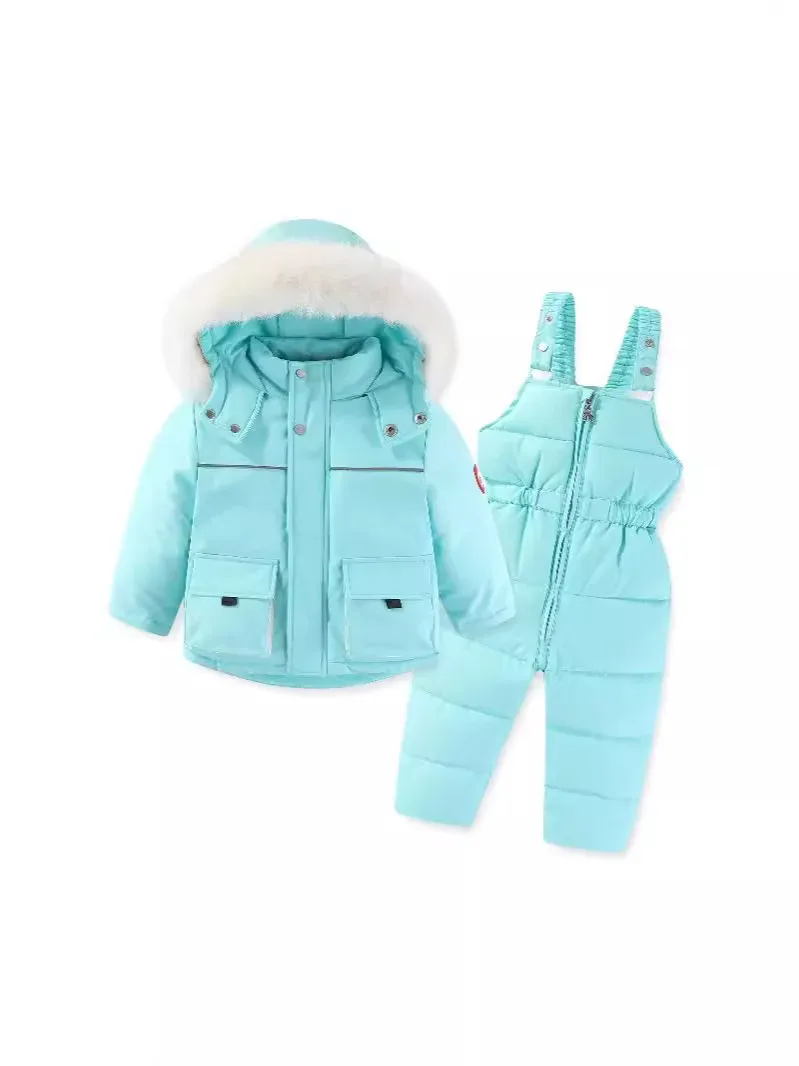 Kids' Fur-Collar Jacket & Bib Pants Set — Lake Blue, full set