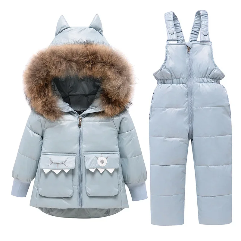 Kids' fur-trim down jacket and bib set — Light Blue, jacket & bib pants
