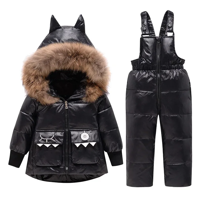 Kids' fur-trim down jacket and bib set — Black, jacket & bib pants