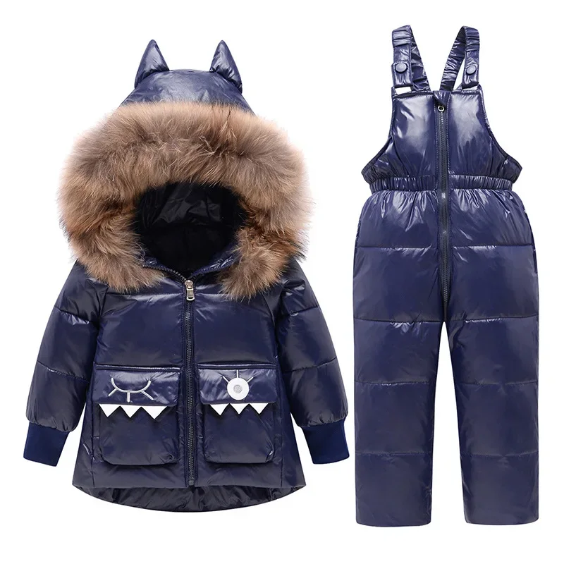 Kids' fur-trim down jacket and bib set — Dark Blue, jacket & bib pants