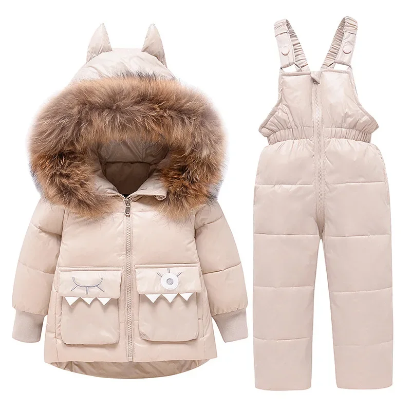 Kids' fur-trim down jacket and bib set — Beige, jacket & bib pants