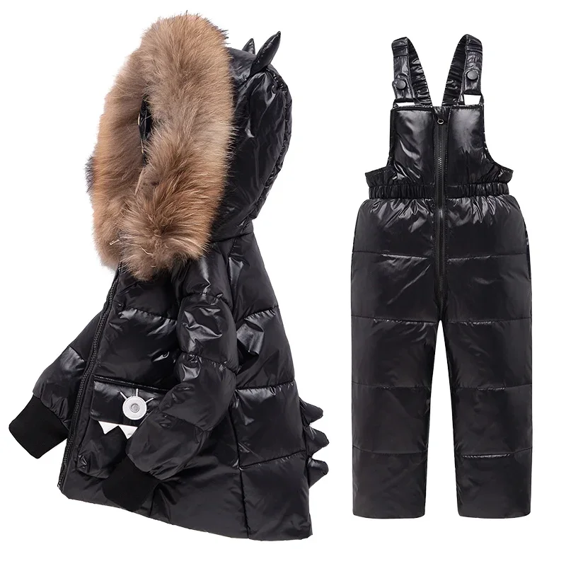 Kids' fur-trim down jacket and bib set — Black, side