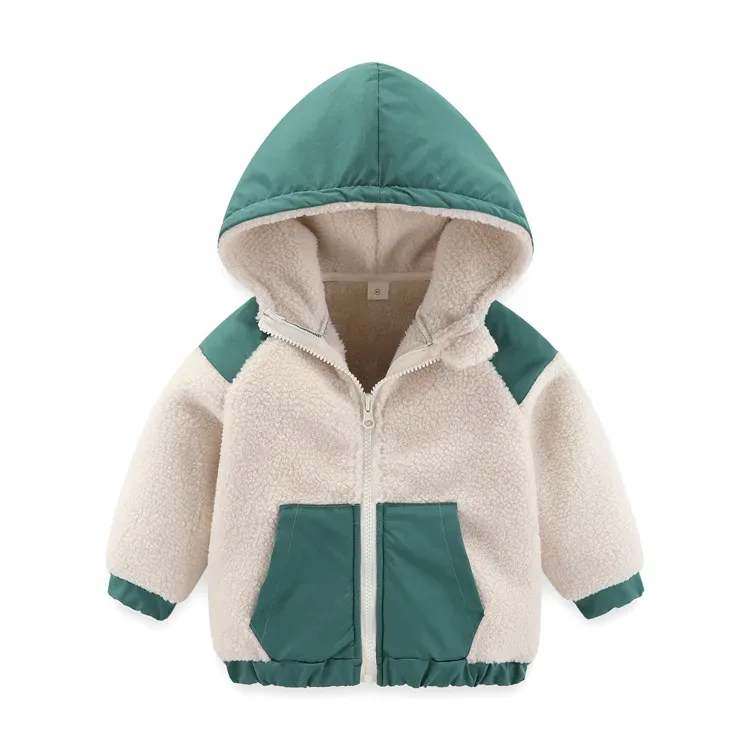 Kids' Granule Fleece Jacket — 17 Colourways — Cream & Teal Hooded, front