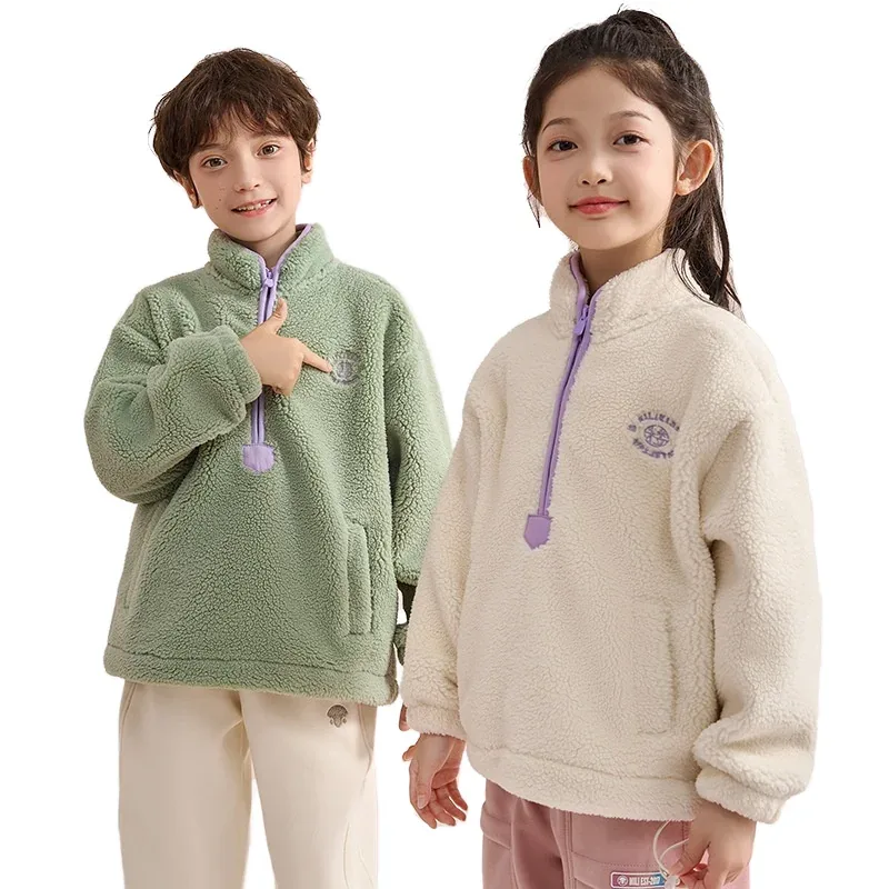 Kids' Half-Zip Fleece Pullover — 5 Colourways — Bean Green and White, worn, two colourways