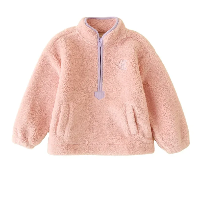 Kids' Half-Zip Fleece Pullover — 5 Colourways — Pink, front view
