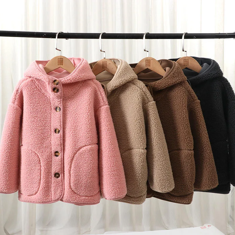 Kids' Hooded Boucle Button Coat — 4 Colourways — Four colourways, rail group view