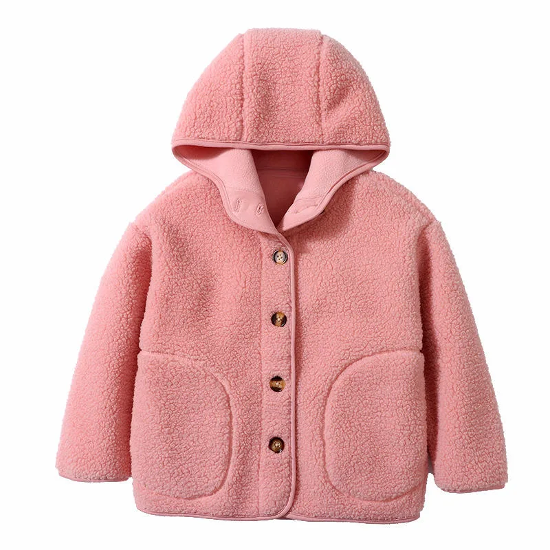 Kids' Hooded Boucle Button Coat — 4 Colourways — Pink, front view