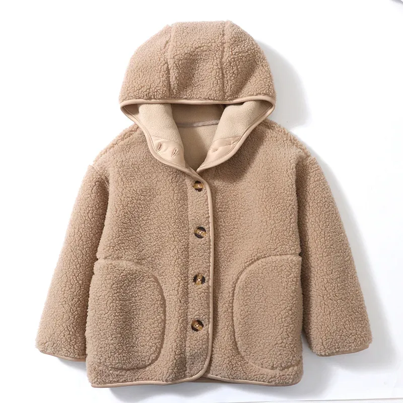 Kids' Hooded Boucle Button Coat — 4 Colourways — Khaki, front view