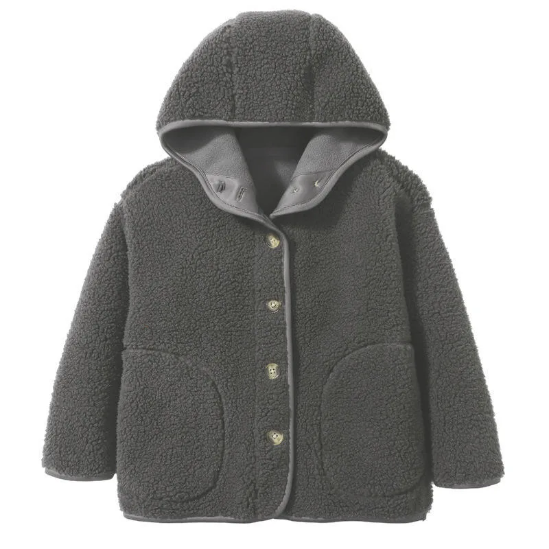 Kids' Hooded Boucle Button Coat — 4 Colourways — Dark Gray, front view
