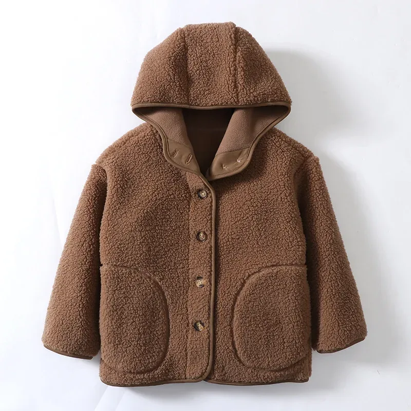 Kids' Hooded Boucle Button Coat — 4 Colourways — Dark Coffee, front view