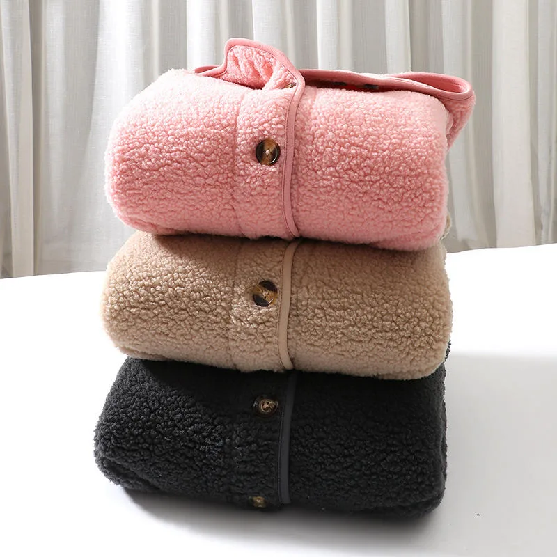 Kids' Hooded Boucle Button Coat — 4 Colourways — Three colourways, folded stack