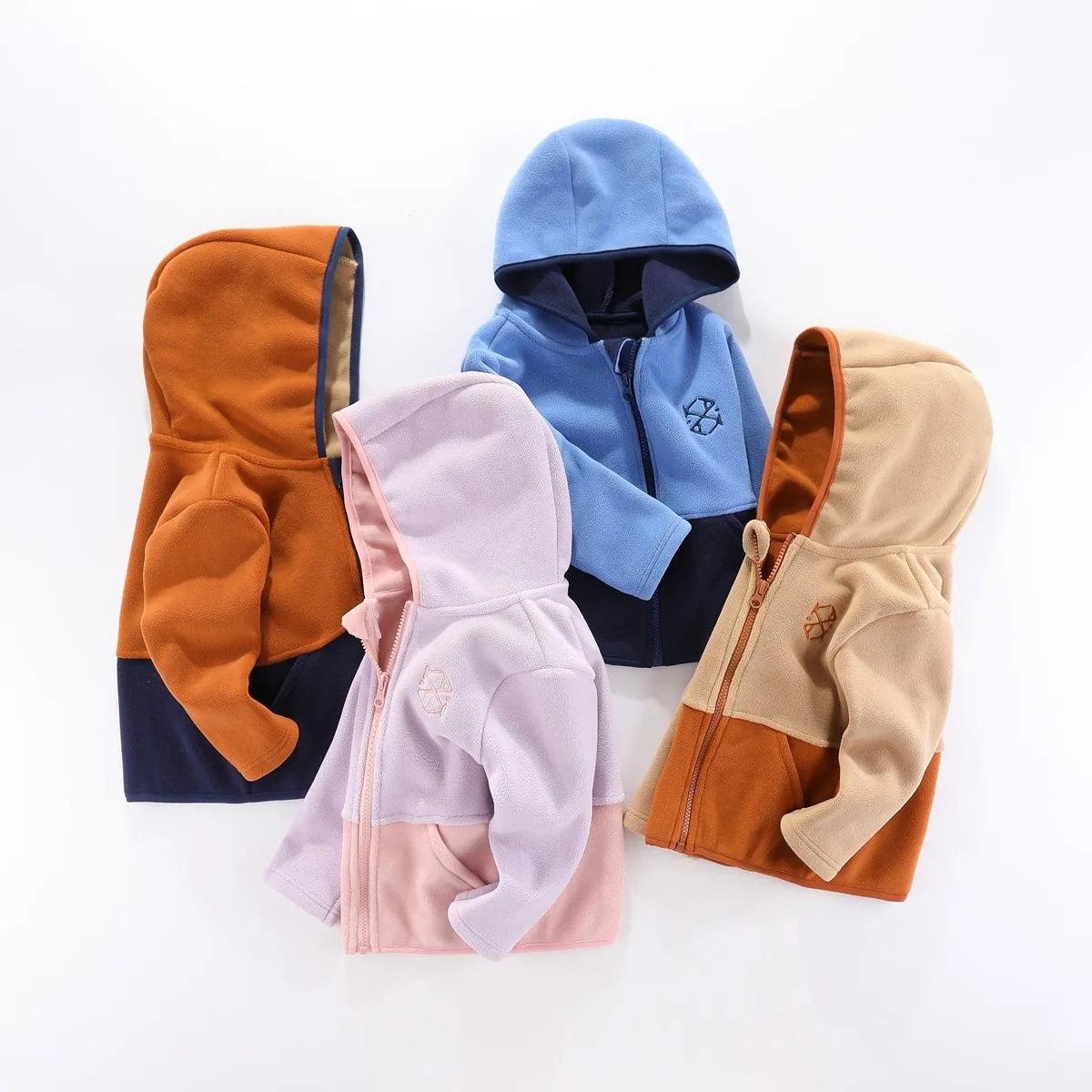 Kids' Hooded Colour-Block Fleece Jacket — 4 Colourways — Four colourways, group view