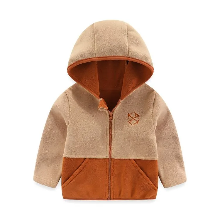 Kids' Hooded Colour-Block Fleece Jacket — 4 Colourways — Camel & Rust, front view