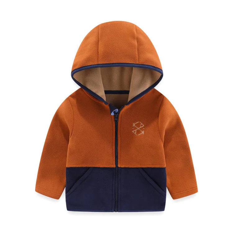 Kids' Hooded Colour-Block Fleece Jacket — 4 Colourways — Rust & Navy, front view