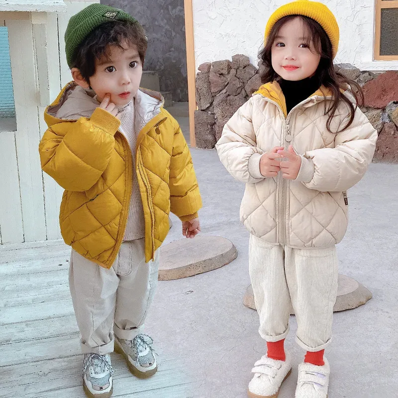Kids' Hooded Cotton-Padded Coat — Mustard Yellow & Cream White, worn