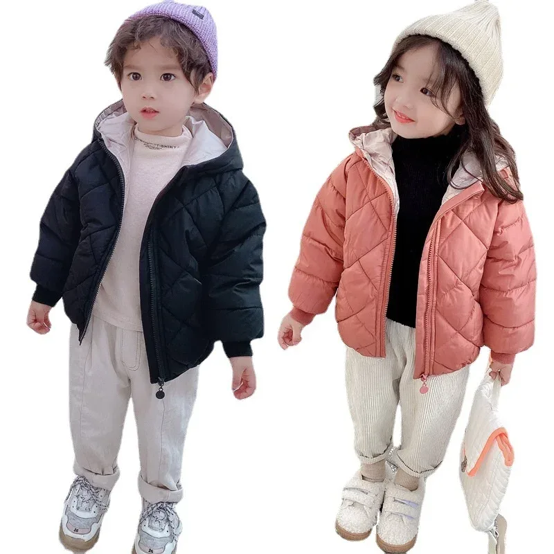 Kids' Hooded Cotton-Padded Coat — Black & Dusty Pink, worn