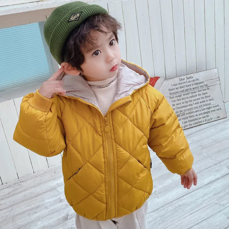Kids' Hooded Cotton-Padded Coat — Mustard Yellow, worn, close-up