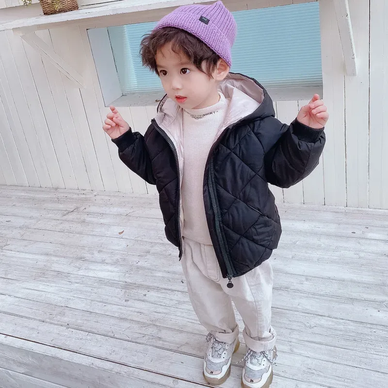 Kids' Hooded Cotton-Padded Coat — Black, worn