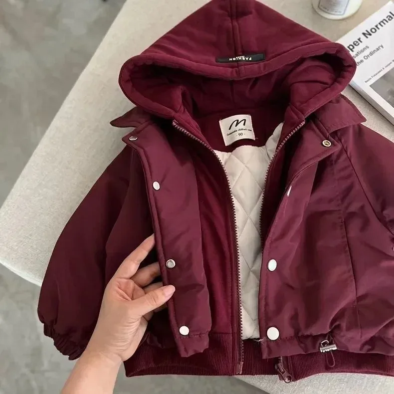 Kids' Hooded Cotton-Lined Jacket — Purple Red, open, held