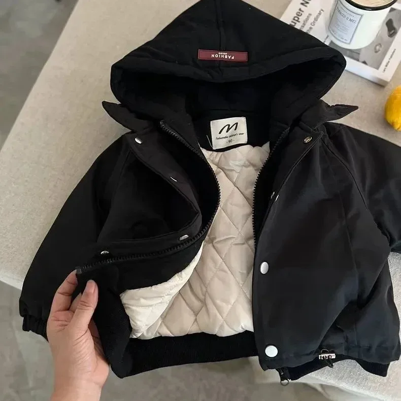 Kids' Hooded Cotton-Lined Jacket — Black, open, held