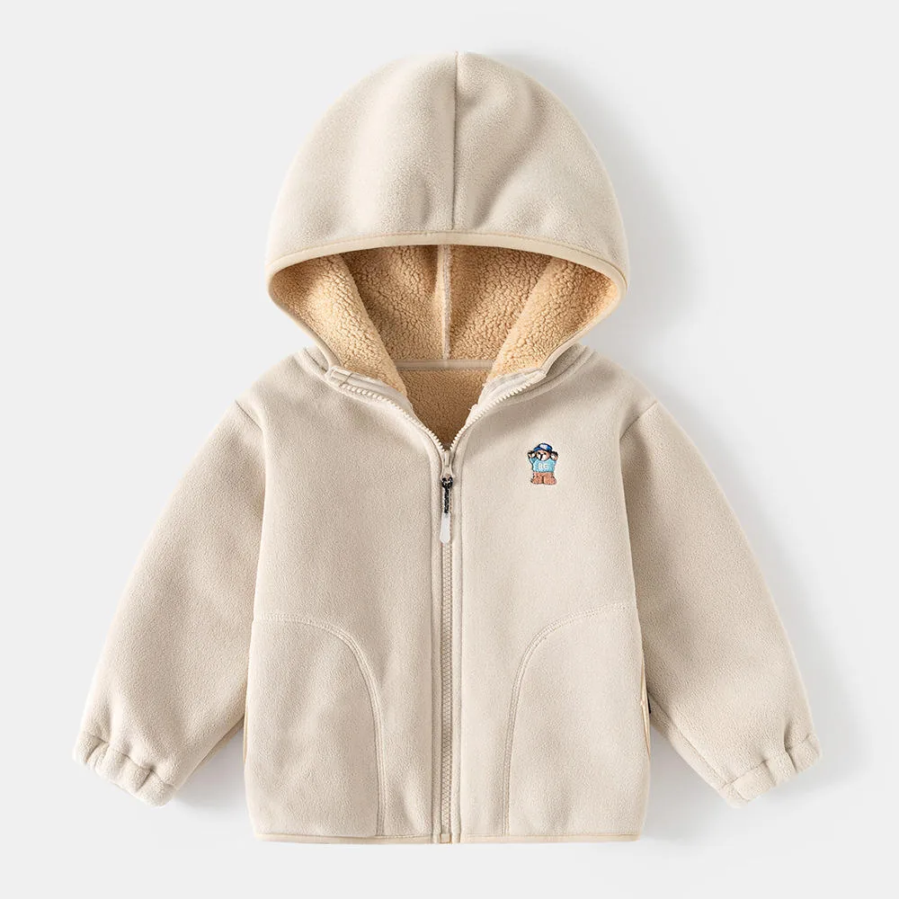 Kids' Hooded Fleece-Lined Zip Jacket — 3 Colourways — Ivory, front view