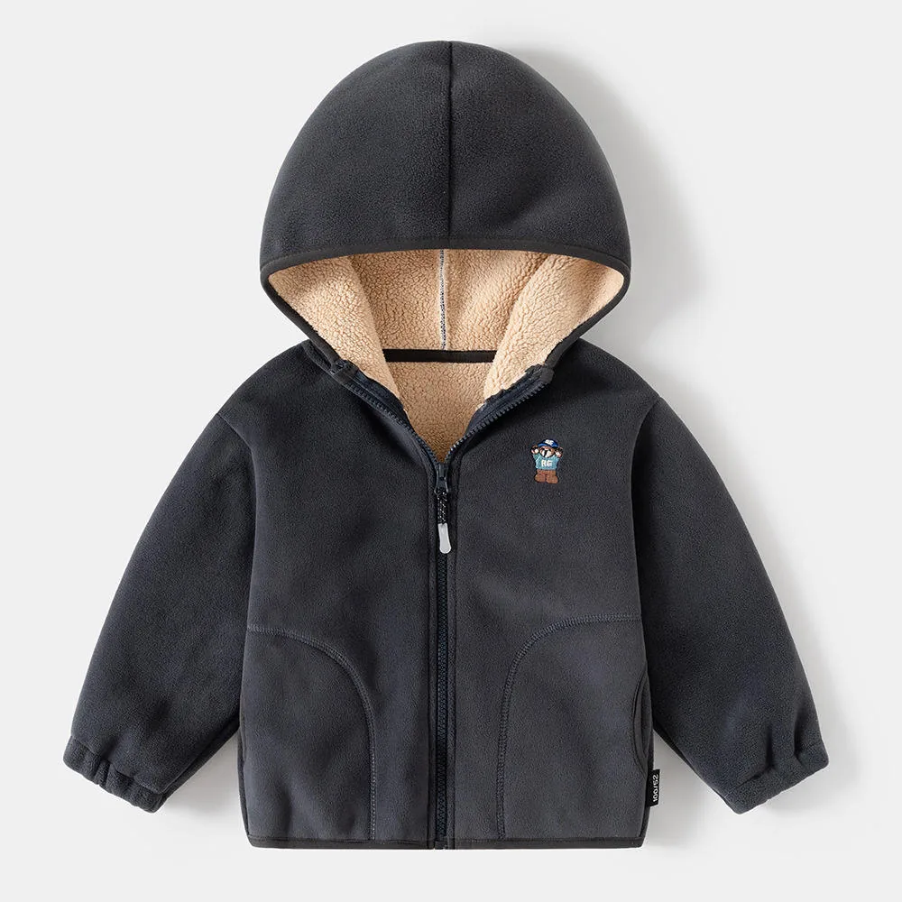 Kids' Hooded Fleece-Lined Zip Jacket — 3 Colourways — Black, front view