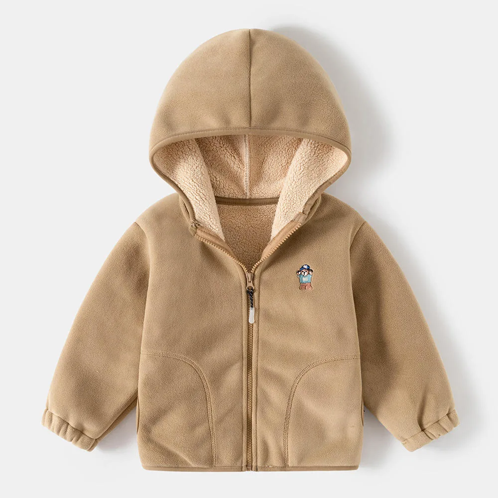 Kids' Hooded Fleece-Lined Zip Jacket — 3 Colourways — Khaki, front view