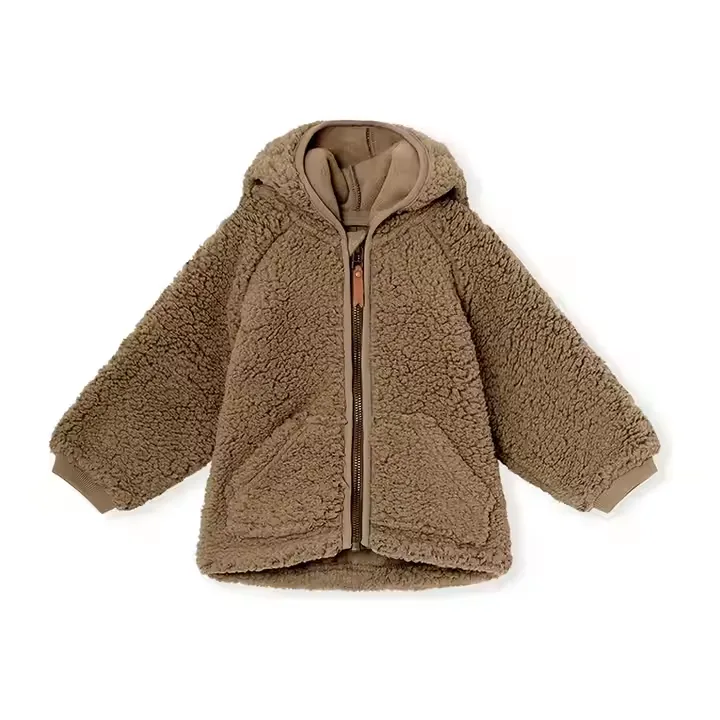 Kids' Hooded Sherpa Zip Jacket — 3 Colourways — Brown, front view