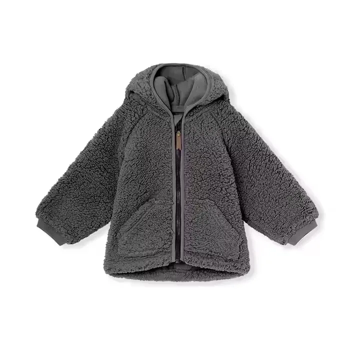 Kids' Hooded Sherpa Zip Jacket — 3 Colourways — Gray, front view