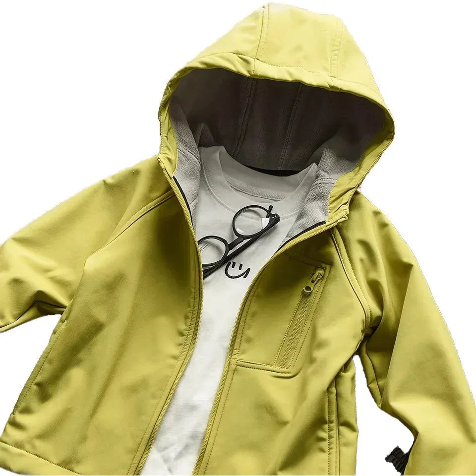 Kids' Hooded Softshell Jacket — Green, open front