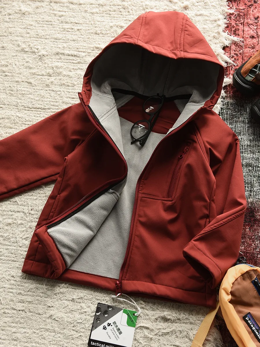Kids' Hooded Softshell Jacket — Red, flat lay